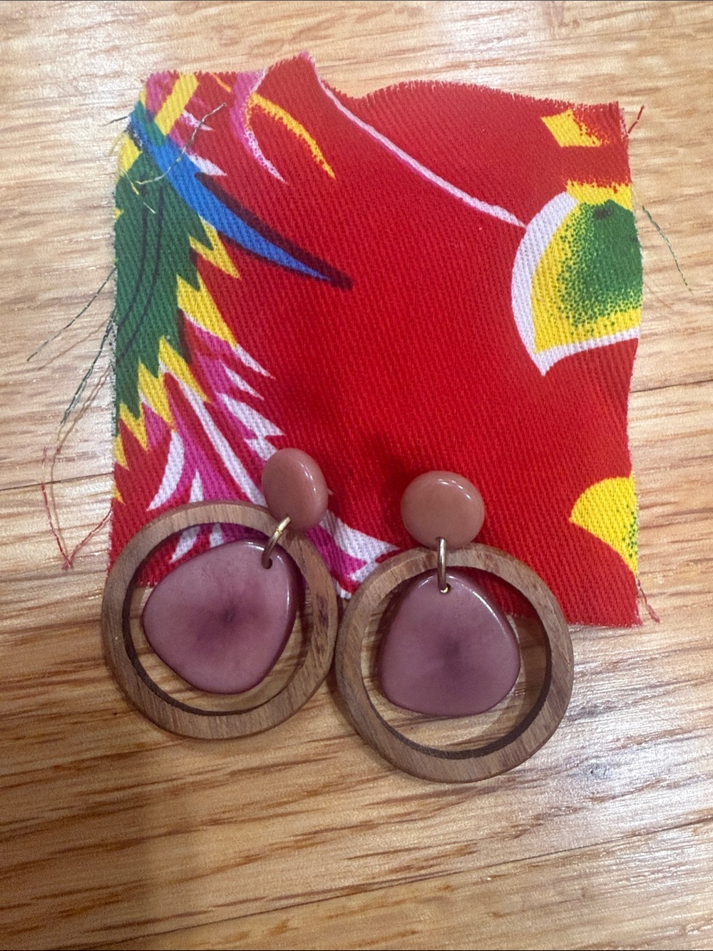 Wood & Mauve Resin Hoop Drop Earrings - Women's Jewelry